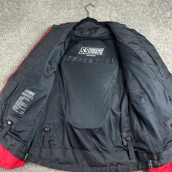 Speedy And Strength Motorcycle Jacket Mens Large Black Red Padded Back & Elbows - Picture 6 of 14
